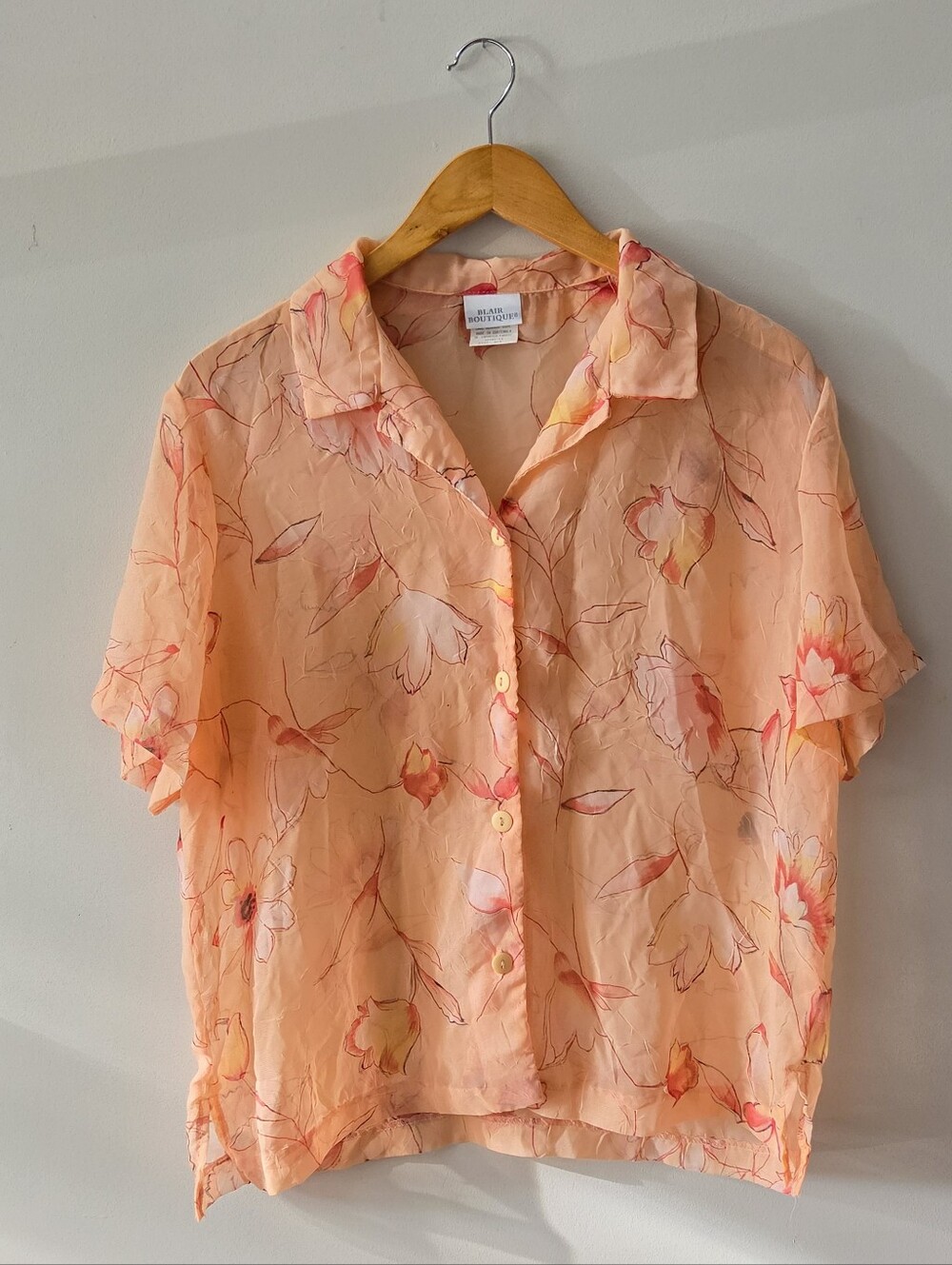 Vintage Blair Boutique Sheer Floral Blouse M Peach Pink Button Up 90s